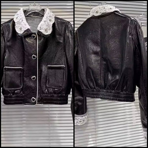 Women B&W Lace Faux Leather Heart Button Up Jacket