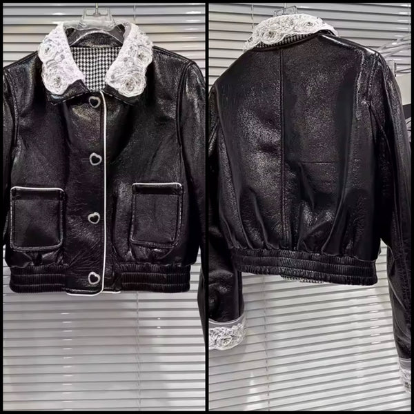 Women B&W Lace Faux Leather Heart Button Up Jacket