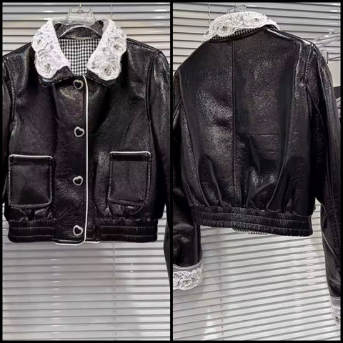 Women B&W Lace Faux Leather Heart Button Up Jacket
