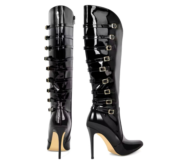 Women Black Buckled Patent Leather High Heel Boots