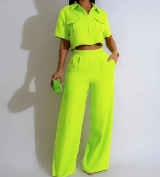 Women Button Up Short Sleeve Fashion Two Piece Pant Set