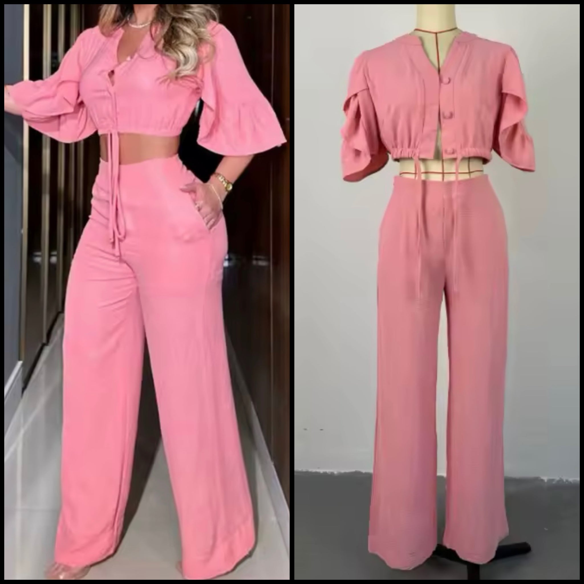 Women Pink Button Up Short Sleeve Two Piece Pant Set