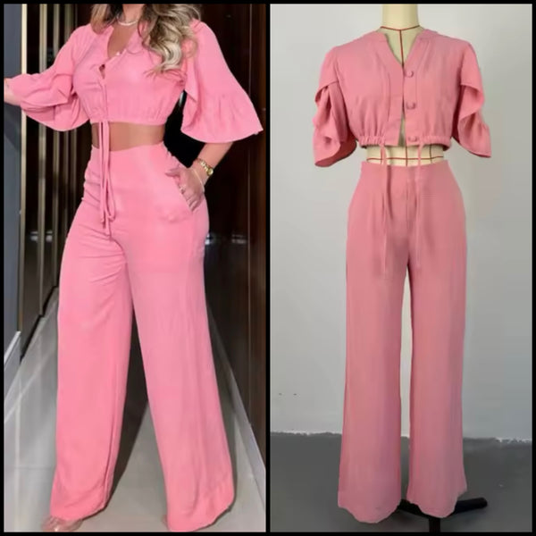 Women Pink Button Up Short Sleeve Two Piece Pant Set