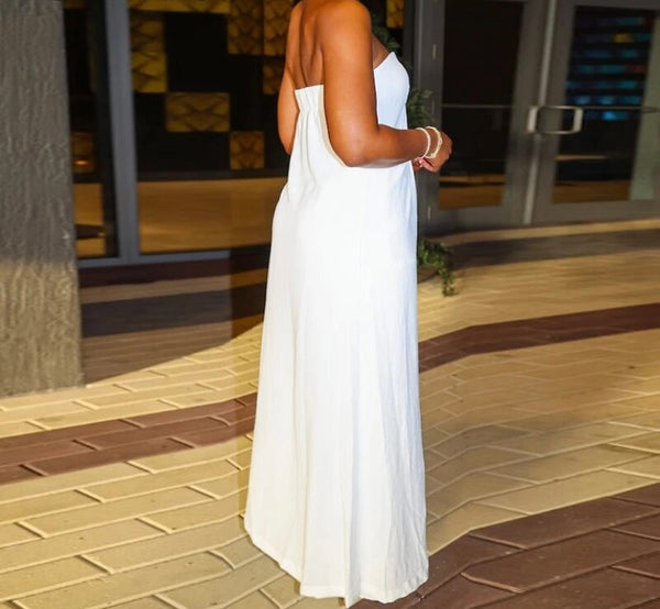 Women White Sexy Strapless Asymmetrical Two Piece Pant Set