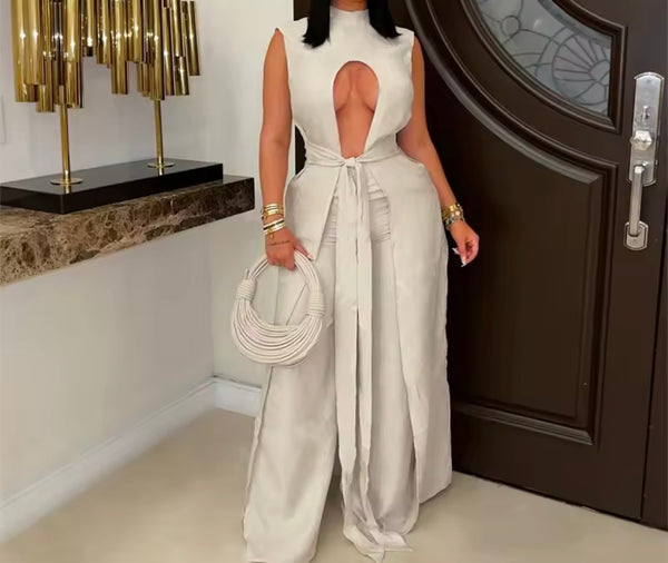 Women Cut Out Sleeveless Sexy Asymmetrical Two Piece Pant Set