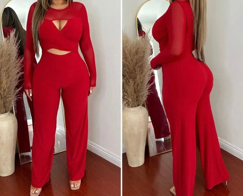 Women Sexy Red Cut Out Full Sleeve Jumpsuit