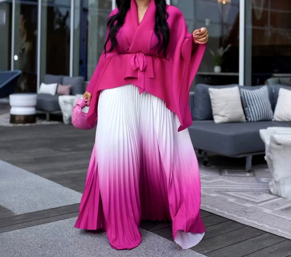 Women Full Sleeve Gradient Two Piece Pleated Maxi Skirt Set