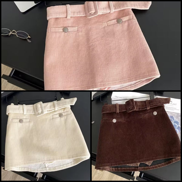 Women Sexy Fashion Belted Corduroy Skirt