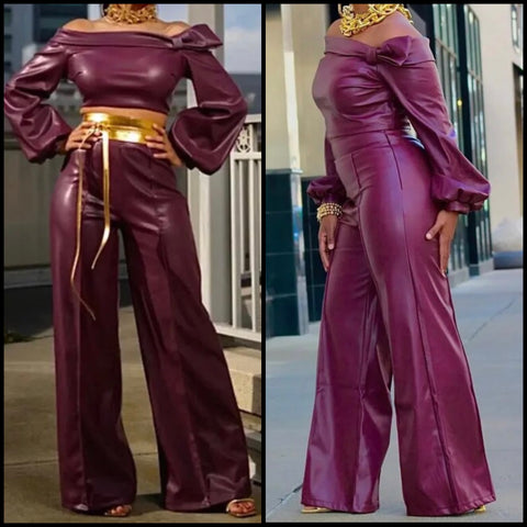 Women Sexy Fashion Faux Leather Full Sleeve Two Piece Pant Set
