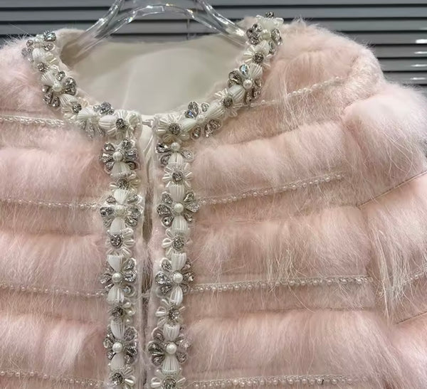 Women Fashion Pink Rhinestone Pearl Faux Fur Jacket