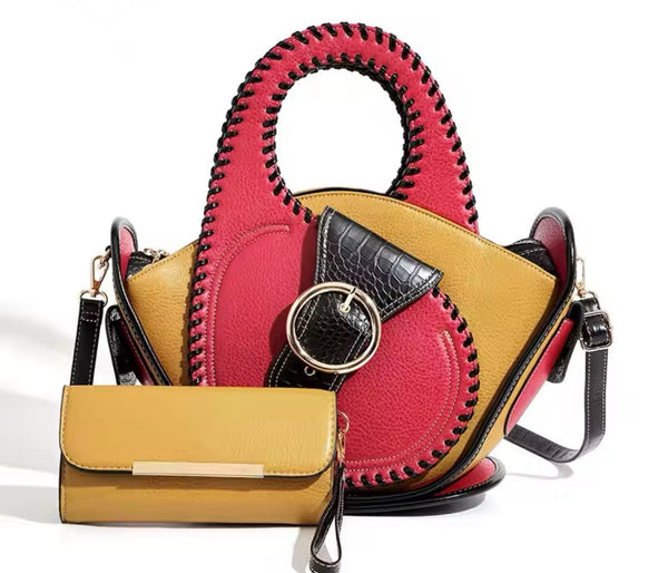 Women Fashion Color Patchwork Buckled Leather Wallet Purse Se