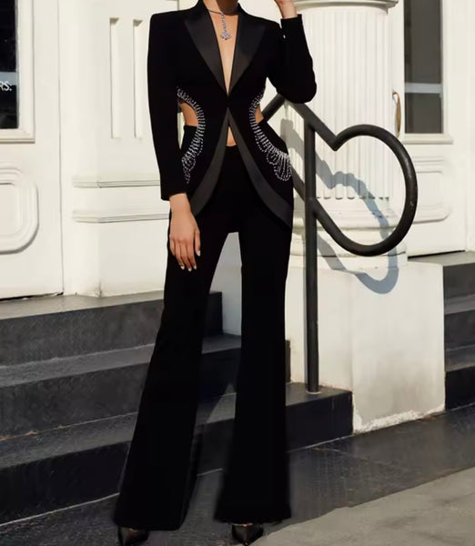 Women Sexy Black Rhinestone Print Open Back Blazer Two Piece Pant Set