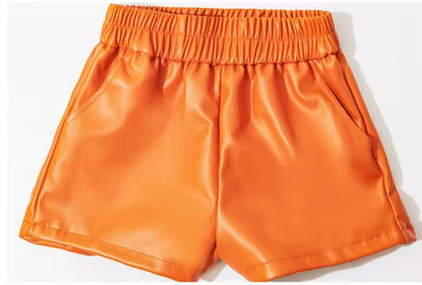 Women Fashion Color Elastic Waist Faux Leather Shorts
