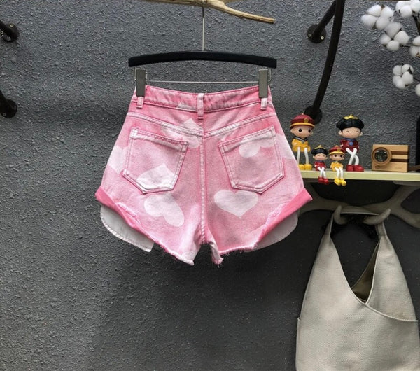 Women Fashion Ripped Heart Print Denim Shorts