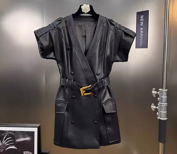Women Black Short Sleeve Faux Leather Fashion Dress