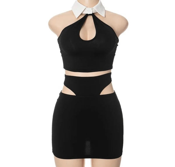 Women Sexy B&W Collar Sleeveless Two Piece Skirt Set