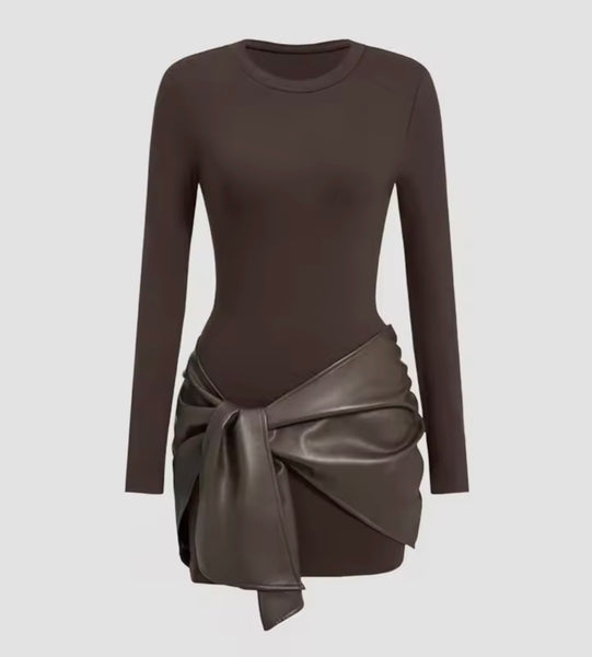 Women Color Fashion Faux Leather Wrap Full Sleeve Dress