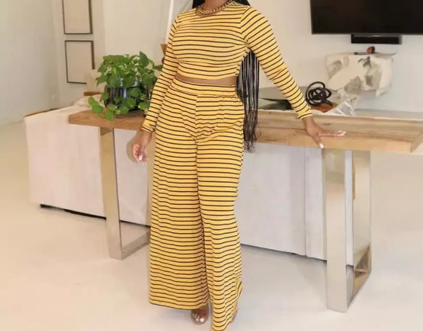 Women Fashion Full Sleeve Striped Two Piece Pant Set