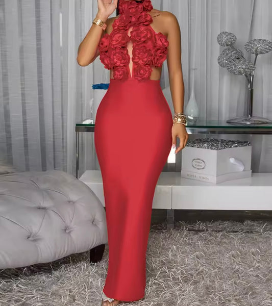 Women 3D Floral Halter Sleeveless Sexy Maxi Dress