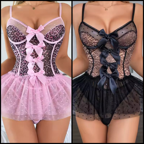 Women Sexy Leopard Bow Mesh Lingerie Set