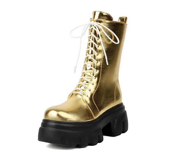 Women Fashion Platform Lace Up Faux Leather Ankle Boots