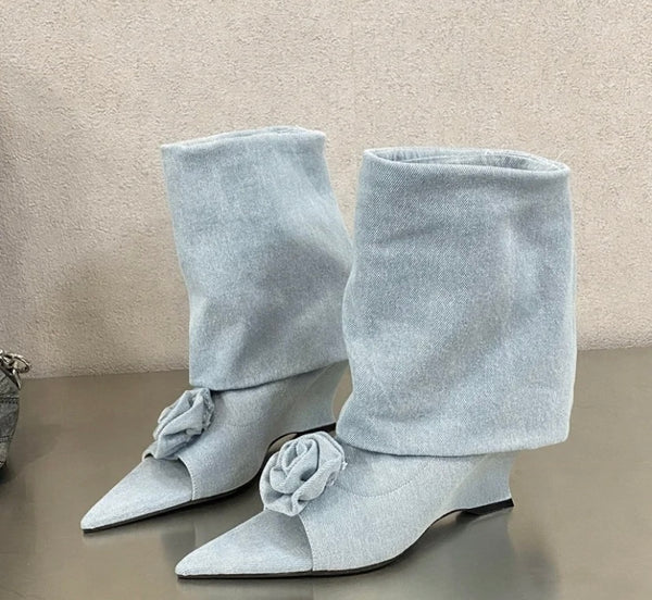 Women Fashion Pointed Open Toe Rose Platform Wedge Ankle Boots