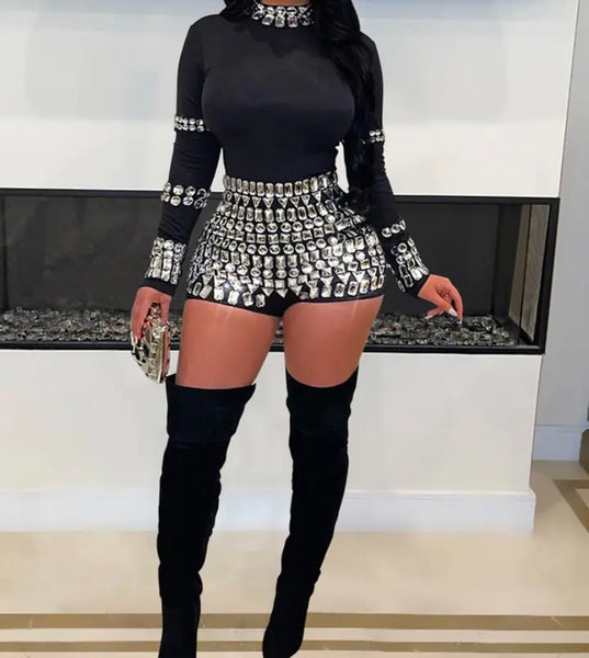 Women Black Bling Rhinestone Full Sleeve Sexy Fashion Romper