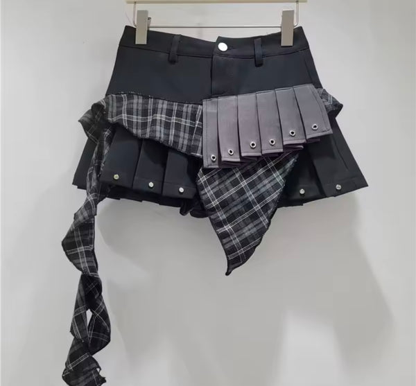 Women Color Patchwork Plaid Pleated Fashion Skirt