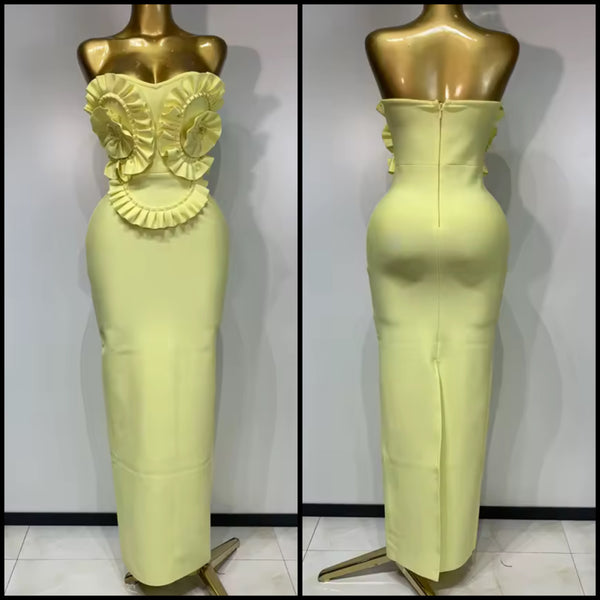Women Yellow Ruffled Strapless Sexy Maxi Dress