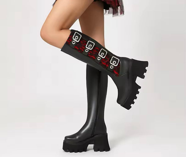 Women Fashion Lace Buckled Platform Knee High Boots