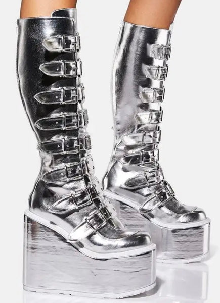Women Silver Metallic Buckled Platform Fashion Knee High Boots