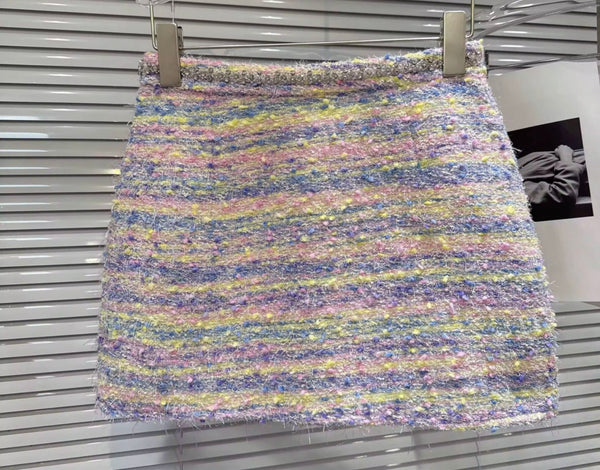 Women Color Bling Sleeveless Tweed Two Piece Skirt Set