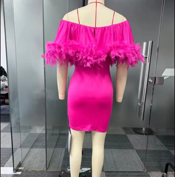 Women Pink Sexy Feather Off The Shoulder Dress