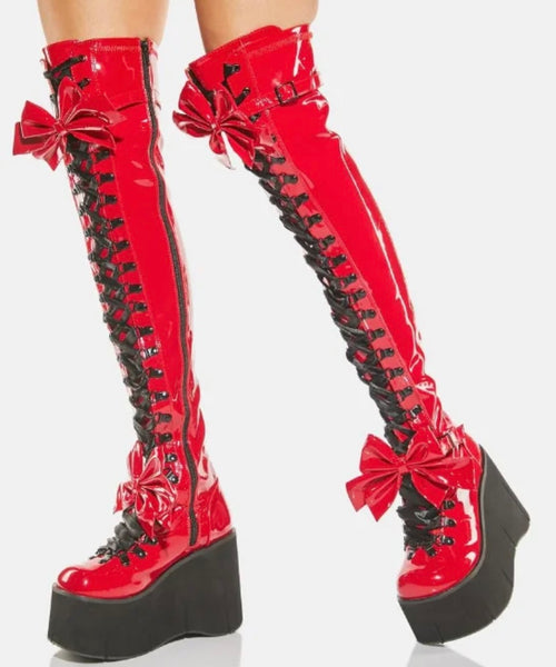 Women Fashion Red Bow Lace Up Platform Over The Knee Boots