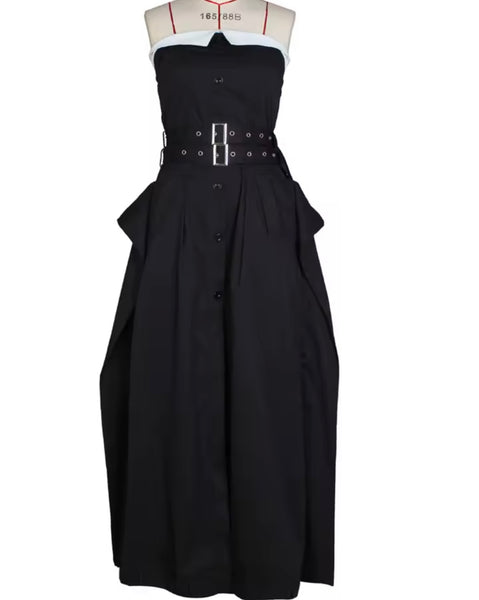 Women Sexy Strapless Button Up Color Patchwork Belted Dress