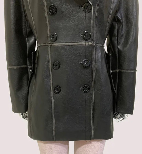 Women Black Fashion Faux Leather Trench Short Jacket