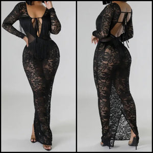 Women Black Sexy Lace Fringe Open Back Full Sleeve Maxi Dress