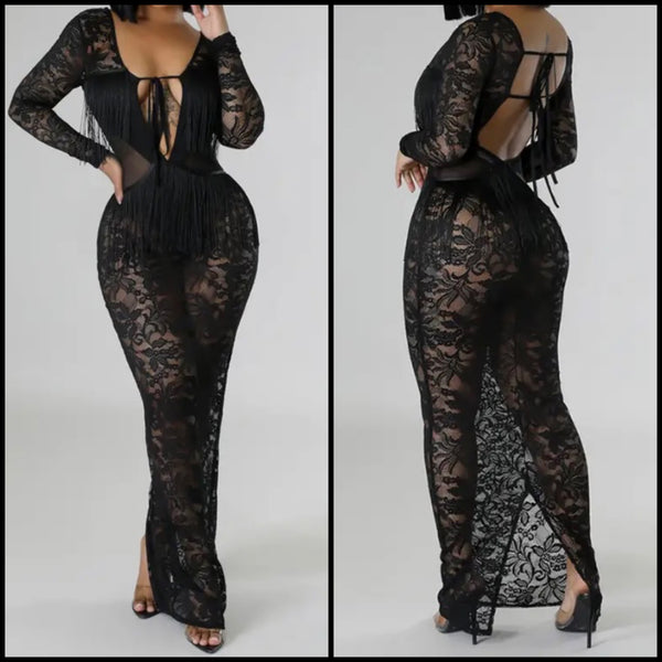Women Black Sexy Lace Fringe Open Back Full Sleeve Maxi Dress