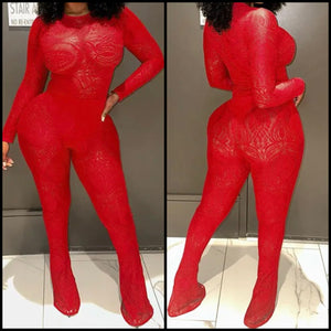 Women Sexy Red Lace Full Sleeve Bodysuit Two Piece Pant Set