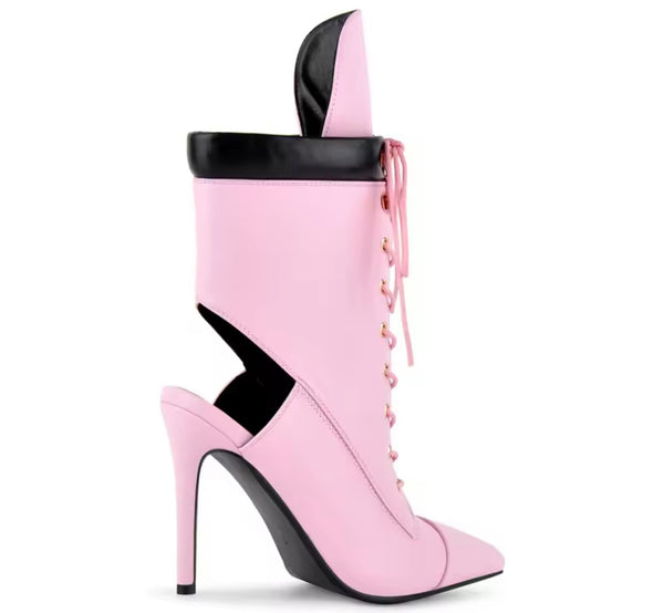 Women Fashion Pointed Toe Lace Up Cut Out High Heel Ankle Boots