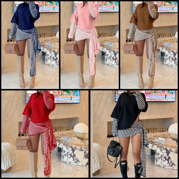 Women Color Striped Full Sleeve Fashion Two Piece Wrap Skirt Set