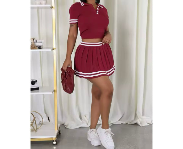Women Sexy Solid Color Striped Short Sleeve Two Piece Pleated Skirt Set