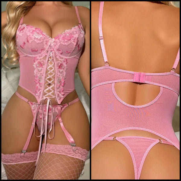 Women Sexy Pink Floral Print Mesh Lace Up Lingerie Set