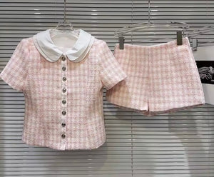 Women Collar Button Up Plaid Two Piece Fashion Short Set