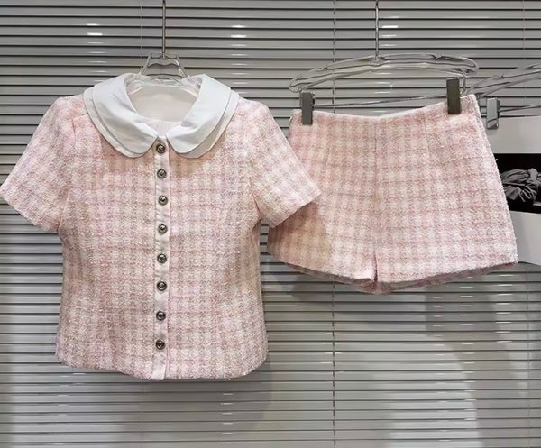 Women Collar Button Up Plaid Two Piece Fashion Short Set