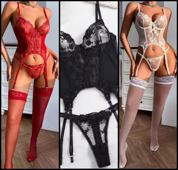 Women Sexy Lace Mesh Thong Lingerie Set