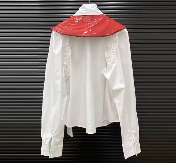 Women Button Up Full Sleeve PU Shawl Two Piece Top