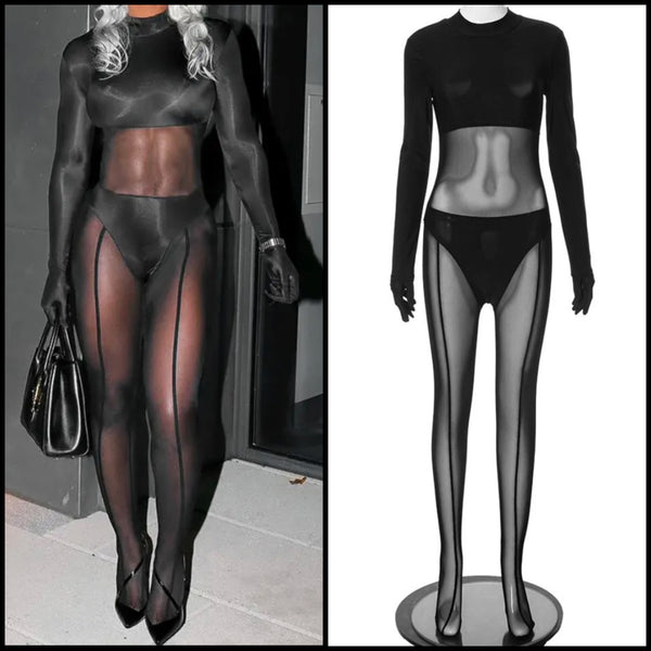 Women Sexy Glove Full Sleeve Feet In Mesh Patchwork Jumpsuit