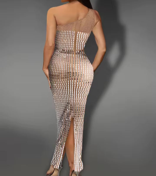 Women Sexy One Shoulder Sleeveless Bling Rivet Maxi Dress