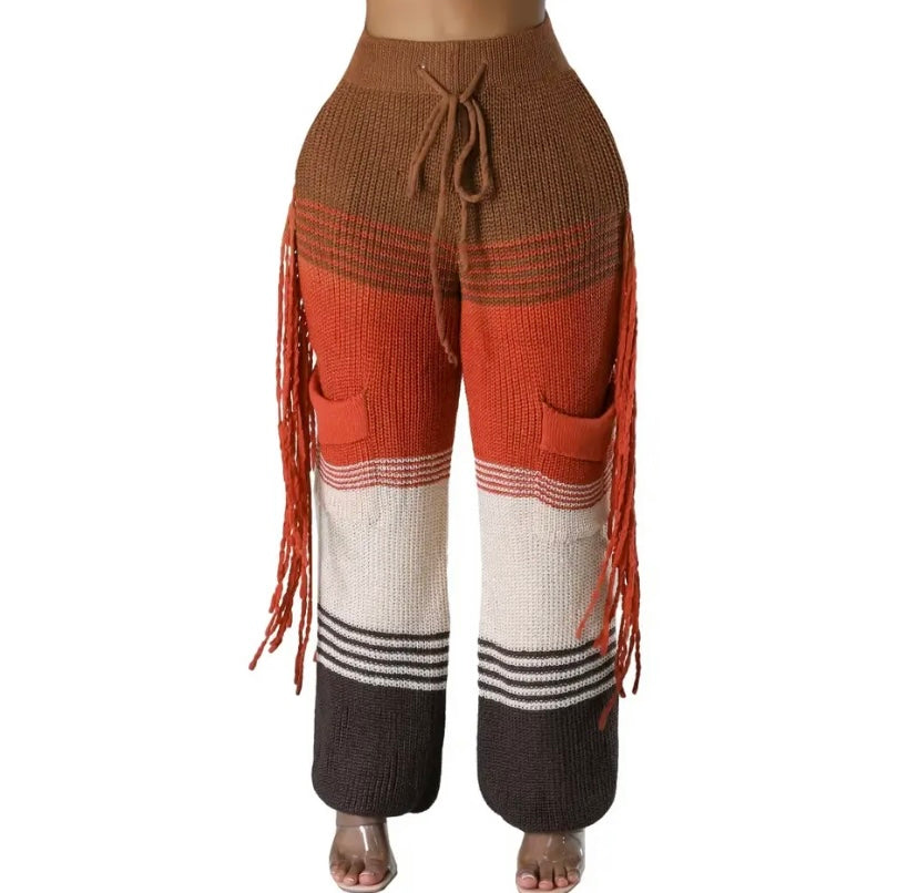 Women Knitted Color Patchwork Fringe Pants